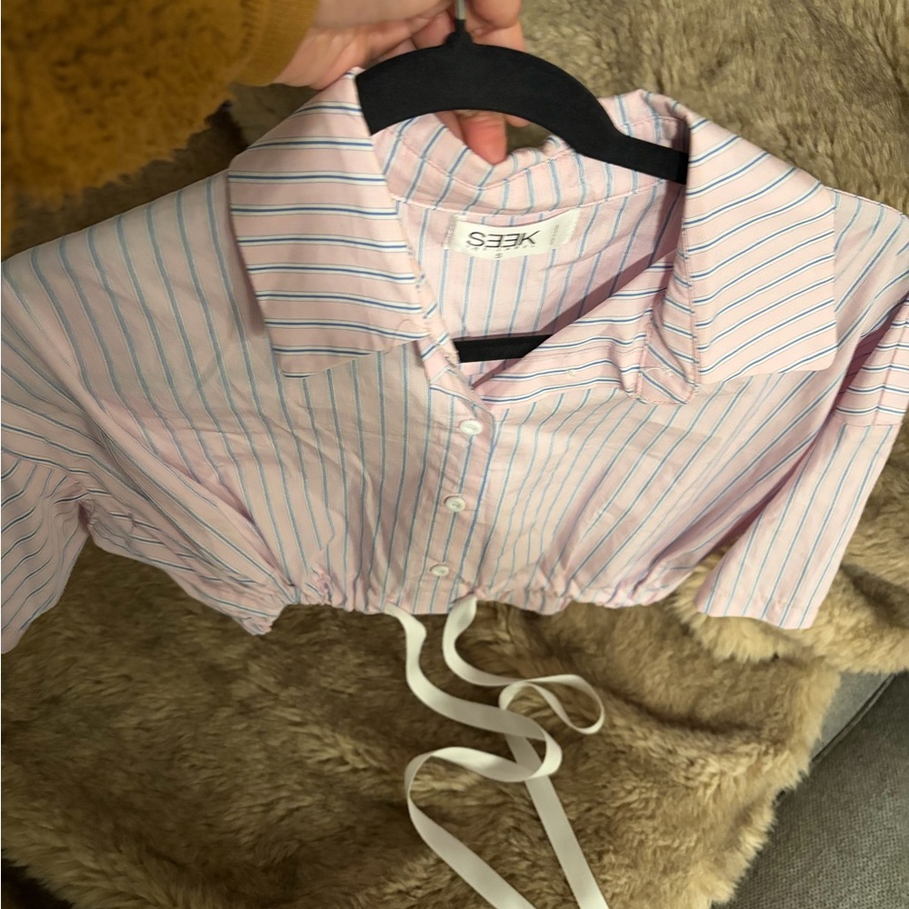 SEEK Pink Striped Button Down Cropped Shirt